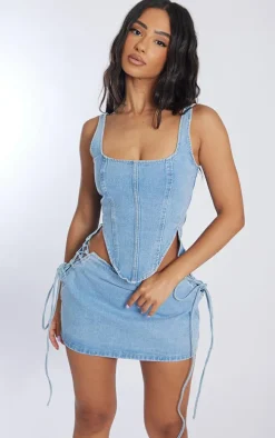 Petite Light Blue Denim Lace Up Corset Top