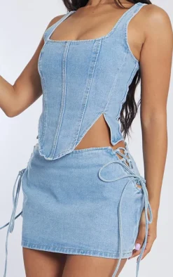 Petite Light Blue Denim Lace Up Mini Skirt