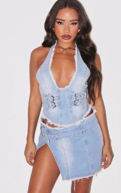 Petite Light Blue Denim Side Split Mini Skirt