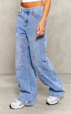 Petite Light Blue Distressed Cross Detail Straight Leg Denim Jeans
