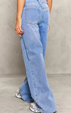 Petite Light Blue Distressed Cross Detail Straight Leg Denim Jeans