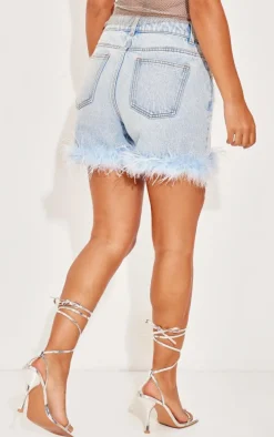 Petite Light Blue Feather Denim Shorts