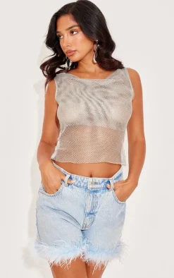 Petite Light Blue Feather Denim Shorts