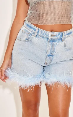 Petite Light Blue Feather Denim Shorts