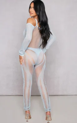 Petite Light Blue Knitted Sheer Jumpsuit