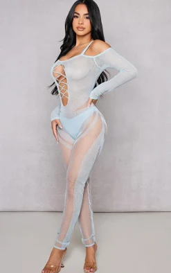 Petite Light Blue Knitted Sheer Jumpsuit