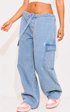 Petite Light Blue Low Rise Drawstring Denim Jeans