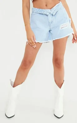 Petite Light Blue Ripped Bum Denim Shorts