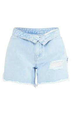 Petite Light Blue Ripped Bum Denim Shorts