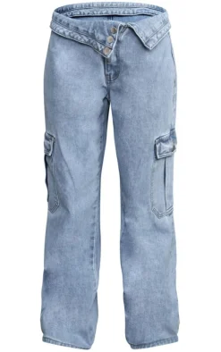 Petite Light Blue Wash Asymmetric Foldover Waistband Low Rise Straight Leg Jeans