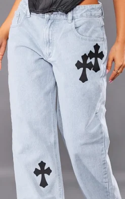 Petite Light Blue Wash Cross Applique Straight Leg Jeans