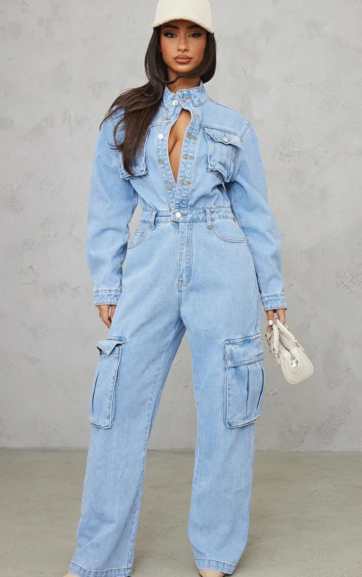 Petite Light Blue Wash Denim Cargo Wide Leg Jumpsuit