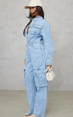 Petite Light Blue Wash Denim Cargo Wide Leg Jumpsuit
