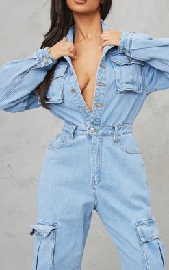 Petite Light Blue Wash Denim Cargo Wide Leg Jumpsuit