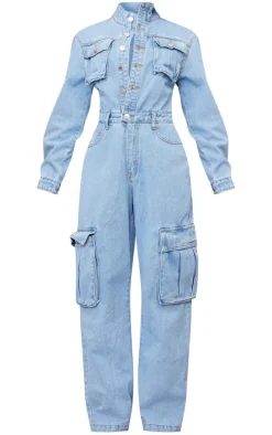 Petite Light Blue Wash Denim Cargo Wide Leg Jumpsuit
