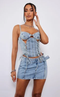 Petite Light Blue Wash Denim Buckle Detail Mini Skirt