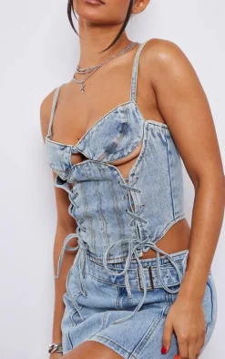 Petite Light Blue Wash Denim Lace Up Corset