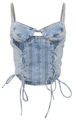 Petite Light Blue Wash Denim Lace Up Corset