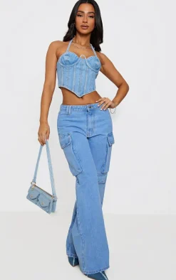 Petite Light Blue Wash Denim Cargo Jeans