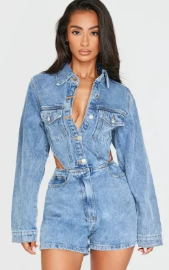 Petite Light Blue Wash Denim Cut Out Romper