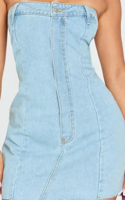 Petite Light Blue Wash Denim Bandeau Mini Dress