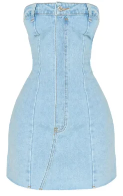 Petite Light Blue Wash Denim Bandeau Mini Dress