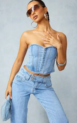 Petite Light Blue Wash Denim Hook And Eye Corset Top