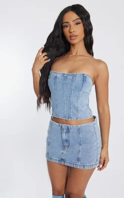 Petite Light Blue Wash Denim Bandeau Corset Top