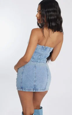 Petite Light Blue Wash Denim Bandeau Corset Top
