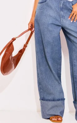 Petite Light Blue Wash Denim Turn Up Low Rise Wide Leg Jeans