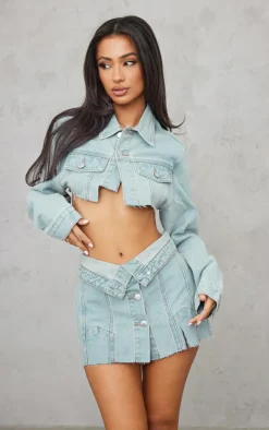 Petite Light Blue Wash Distressed Button Front Denim Micro Mini Skirt