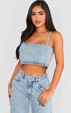 Petite Light Blue Wash Diamante Denim Straight Neck Crop Top