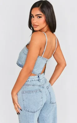 Petite Light Blue Wash Diamante Denim Straight Neck Crop Top