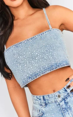 Petite Light Blue Wash Diamante Denim Straight Neck Crop Top