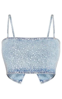 Petite Light Blue Wash Diamante Denim Straight Neck Crop Top