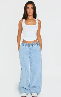Petite Light Blue Wash Elasticated Wide Leg Jeans
