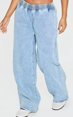 Petite Light Blue Wash Elasticated Wide Leg Jeans