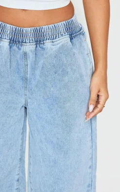 Petite Light Blue Wash Elasticated Wide Leg Jeans