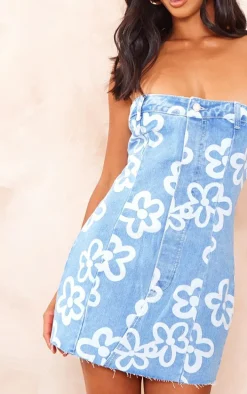 Petite Light Blue Wash Flower Print Dress