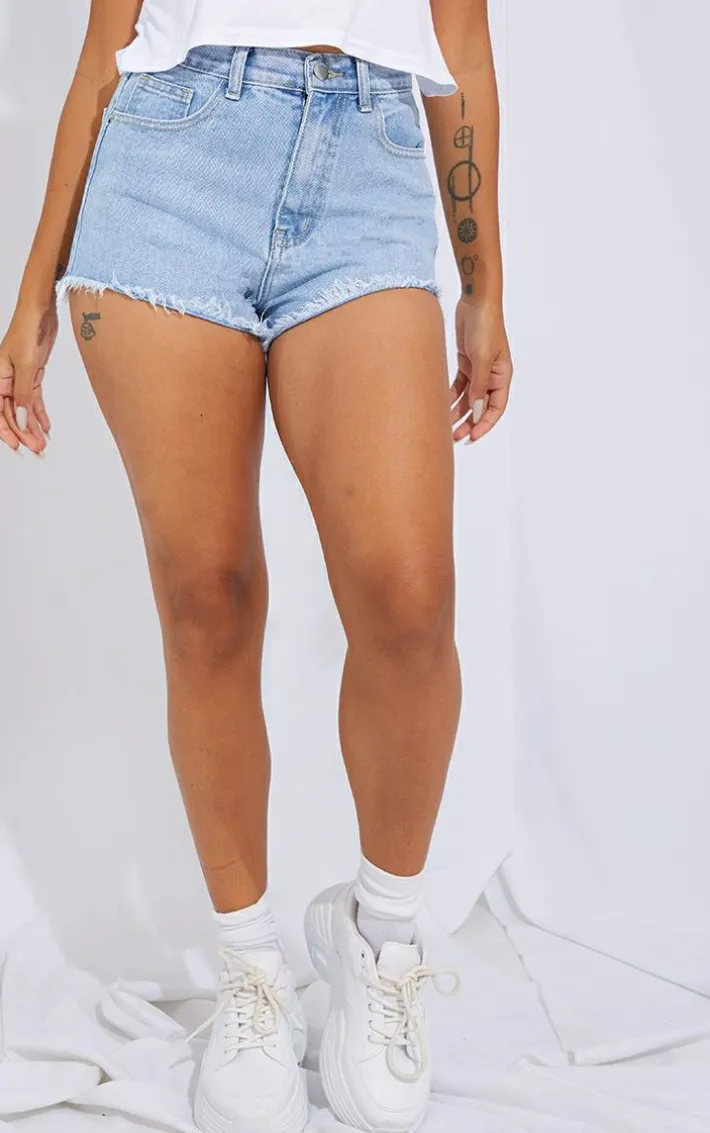 Petite Light Blue Wash Frayed Hem Denim Shorts