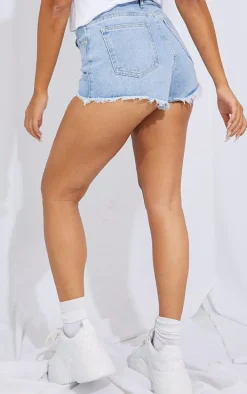 Petite Light Blue Wash Frayed Hem Denim Shorts