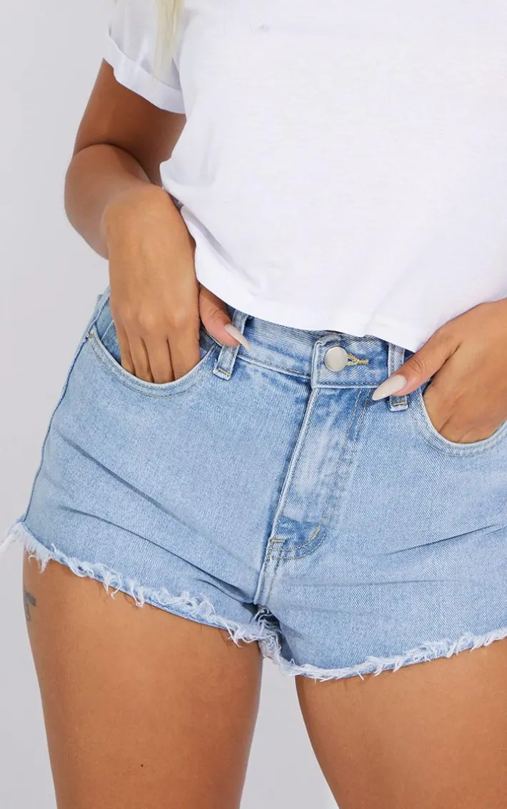 Petite Light Blue Wash Frayed Hem Denim Shorts