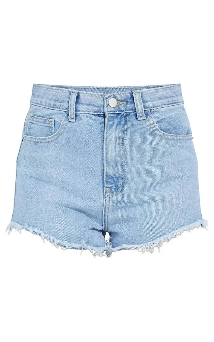 Petite Light Blue Wash Frayed Hem Denim Shorts