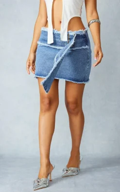 Petite Light Blue Wash Frayed Belt Detail Denim Mini Skirt