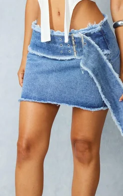 Petite Light Blue Wash Frayed Belt Detail Denim Mini Skirt