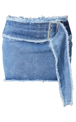 Petite Light Blue Wash Frayed Belt Detail Denim Mini Skirt