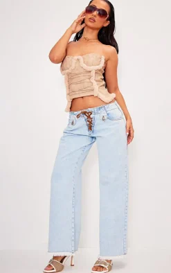 Petite Light Blue Wash Low Rise Lace Up Wide Leg Jeans