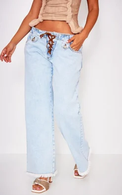 Petite Light Blue Wash Low Rise Lace Up Wide Leg Jeans