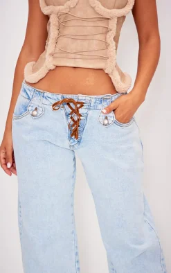 Petite Light Blue Wash Low Rise Lace Up Wide Leg Jeans