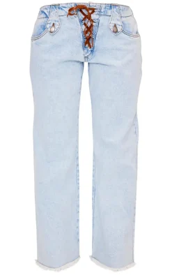 Petite Light Blue Wash Low Rise Lace Up Wide Leg Jeans
